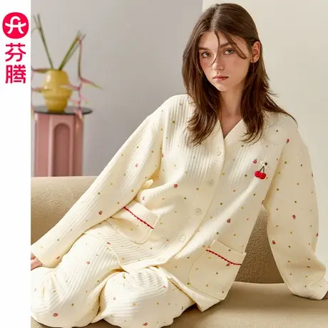 芬腾睡衣女纯棉秋冬空气棉夹层长袖开衫套装宽松加厚加大码家居服图片