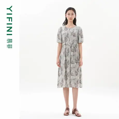 [专柜同款]Yifini/易菲100%真丝印花桑蚕丝收腰显瘦X型短袖连衣裙图片