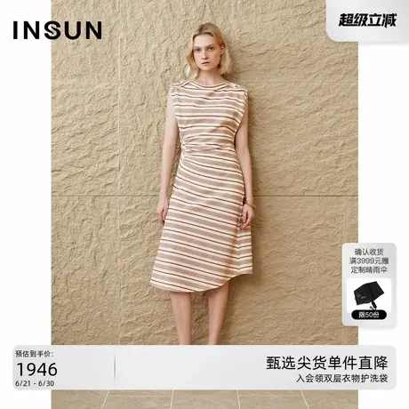 INSUN恩裳2025夏季时尚一字领不对称条纹连衣裙图片