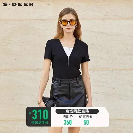 sdeer圣迪奥女装V领撞色拼接修身短袖T恤S23280117商品大图