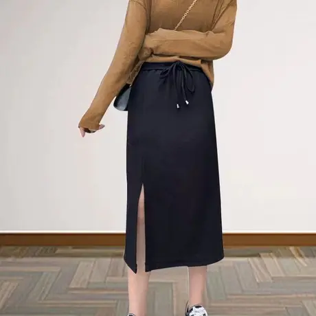 开叉中长包臀裙女2023秋季新款韩版一步裙松紧高腰显瘦黑色半身裙图片