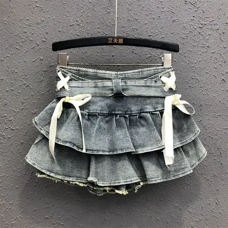 减龄绑带蝴蝶结牛仔短裙蛋糕裙女2025夏季新款港味学生高腰半身裙图片