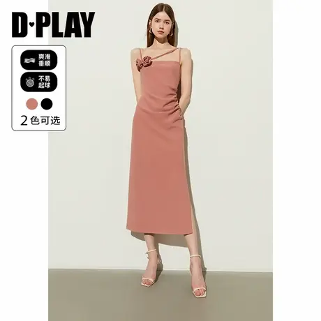 DPLAY夏季新款法式橘粉色连衣裙女收腰玫瑰花A型开叉沙滩裙图片