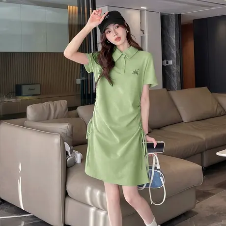 唐狮polo连衣裙女显瘦黑色新款腰部抽绳设计短袖小个子裙子e5图片