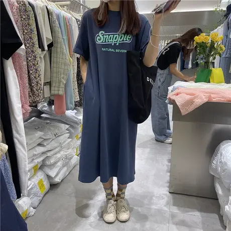 港风夏季短袖T恤裙女韩版宽松显瘦圆领字母印花中长款过膝连衣裙图片
