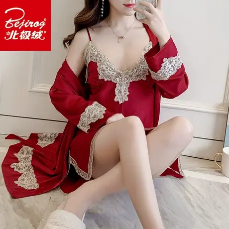 夏季睡衣女两件套带胸垫家居服套装睡裙睡袍薄款性感吊带冰丝睡衣图片