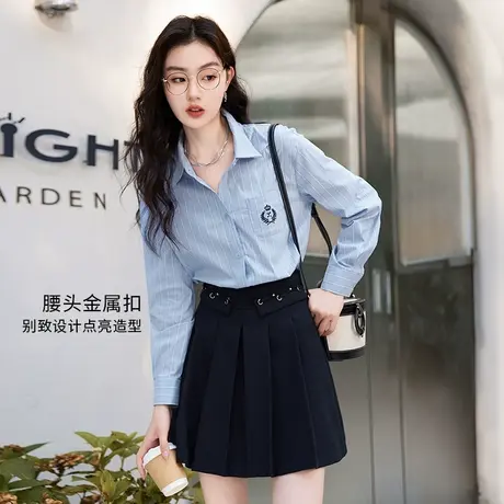 【直播间】香影百褶半身裙女高腰2023秋季新款藏青色小个子短裙图片