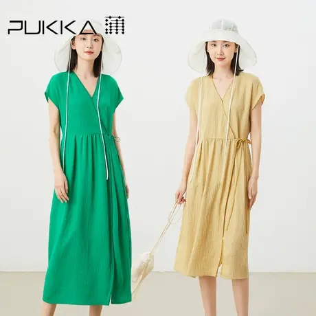 蒲PUKKA原创春夏肌理亚麻新中式显瘦V领休闲短袖连衣裙图片