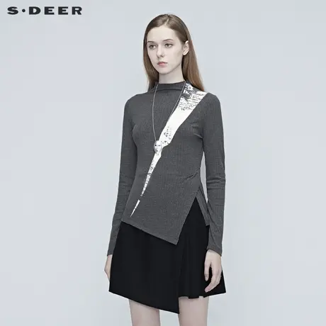 sdeer圣迪奥春秋中高领印花不规则开衩长袖针织T恤女S20380207商品大图