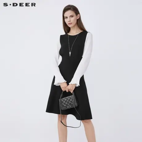 sdeer圣迪奥2022春季新款圆领撞色拼接长款针织连衣裙S213Z1226图片