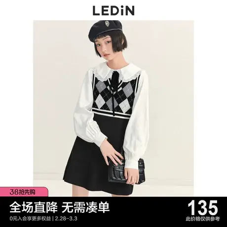 乐町格纹针织连衣裙休闲秋冬新款女装收腰奶乖学院黑色格纹背心裙图片