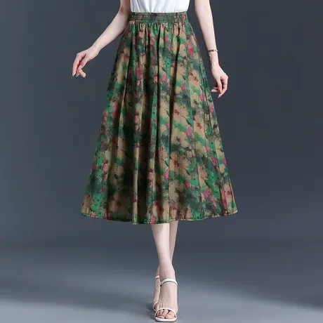 彩色印花半身裙女夏季2025新款松紧腰垂感显瘦a字裙中长款大摆裙图片