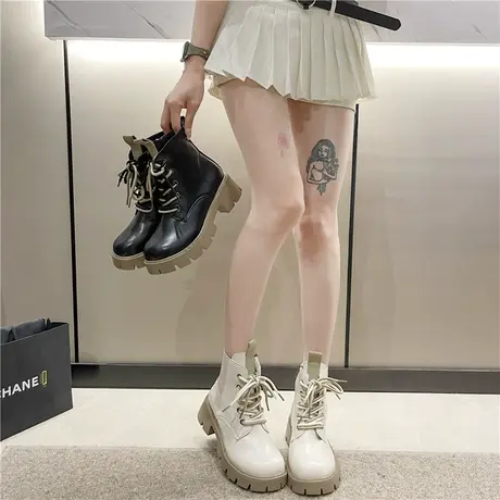 网红爆款厚底马丁靴女款2024新款春秋单靴时尚短靴英伦风白色靴子图片