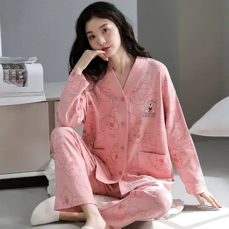 婷美睡衣女春秋款纯棉长袖V领卡通可爱学生ins宿舍外穿家居服套装图片