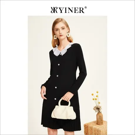 YINER音儿女装冬季法式优雅撞色翻领复古压褶纯羊毛连衣裙图片