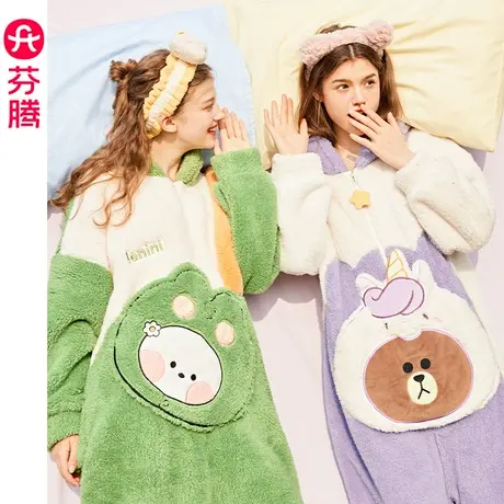 芬腾布朗熊珊瑚绒睡衣女秋冬保暖连体衣加厚加绒法兰绒连帽家居服图片