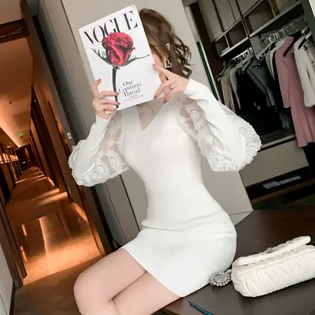 针织连衣裙女秋冬性感白色内搭毛衣裙中长款小个子包臀修身打底裙图片