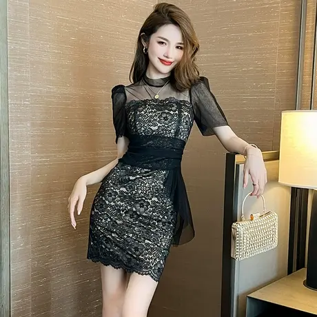 镂空系带女神范气质连衣裙女夏季优雅修身显身材提花蕾丝包臀短裙图片