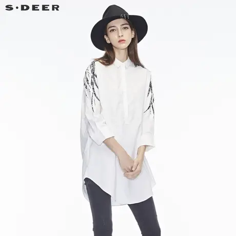sdeer圣迪奥龟裂纹理图案装饰弧形下摆翻领上衣S18480558商品大图
