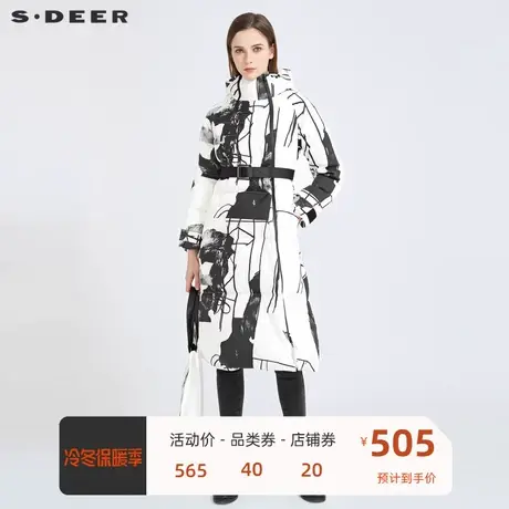 sdeer圣迪奥女装高领连帽印花收腰拼接长款羽绒服S20482486图片