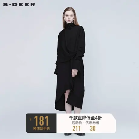 sdeer圣迪奥秋装设计师款不对称拼接立领黑色风衣外套女S20381803图片