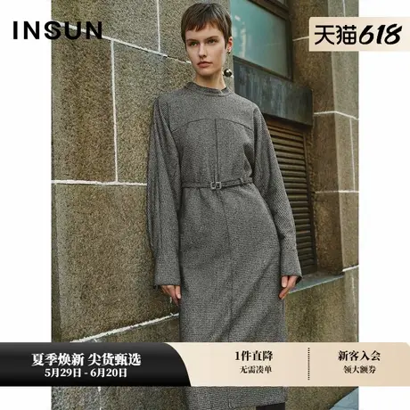 INSUN恩裳冬直身千鸟格羊毛长袖连衣裙图片