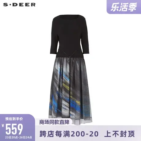 sdeer圣迪奥22春夏新品气质圆领针织拼接印花网纱连衣裙S221Z1202图片