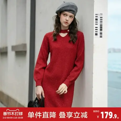 唐狮2026秋冬季女长袖连衣裙短裙红色毛衣裙温柔风气质小心机设计图片