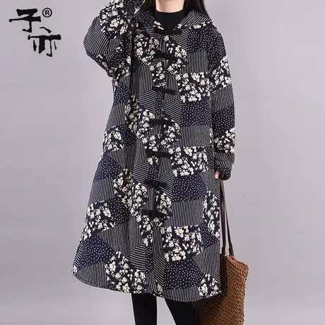 子亦冬季新款韩版休闲连帽宽松大码长袖印花简约加绒加厚外套商品大图