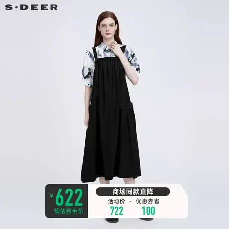 sdeer圣迪奥背带裙女装夏松紧设计感拼接宽松黑色连衣裙S22281213图片