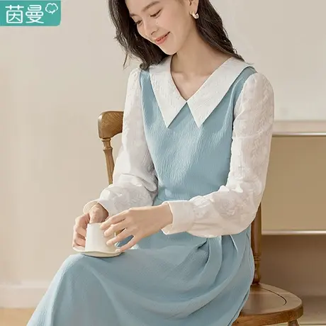 茵曼旗舰店2023女春新款气质收腰切尔西领灯笼袖中长款连衣裙图片