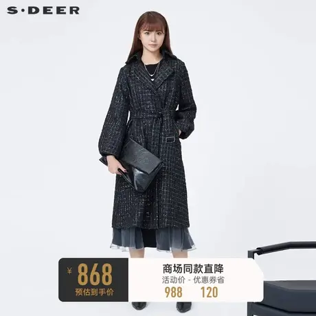 sdeer圣迪奥女装通勤风翻领收腰格纹长款大衣S23481802图片