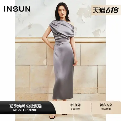 INSUN恩裳夏季气质斜领缎面三醋酸连衣裙图片