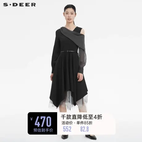 sdeer圣迪奥夏季露肩拼接收腰不规则小众设计连衣裙S222Z1238图片