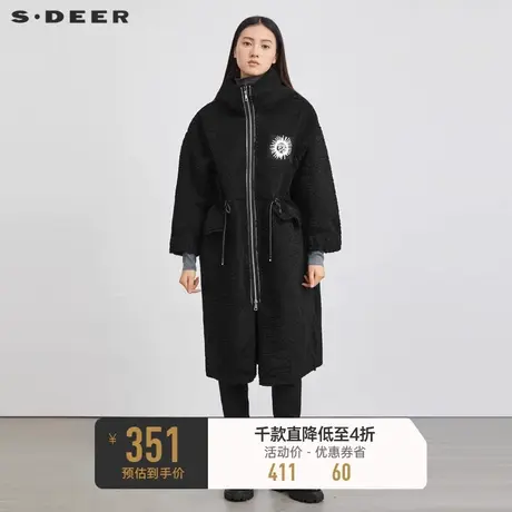 sdeer圣迪奥女装冬装连帽收腰撞色字母羊羔绒中长款大衣S214Z1876图片