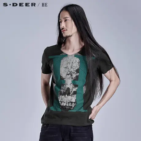 sdeerhe圣迪奥男装舒适个性纯棉涂层印花男士短袖T恤H15270135图片