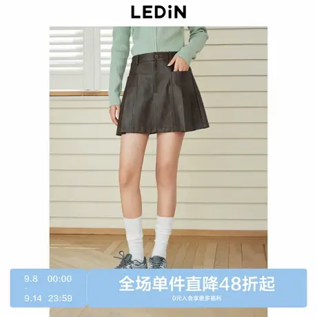 乐町复古pu皮百褶裙女冬季新款防走光打底裤半身裙学院风短裙图片