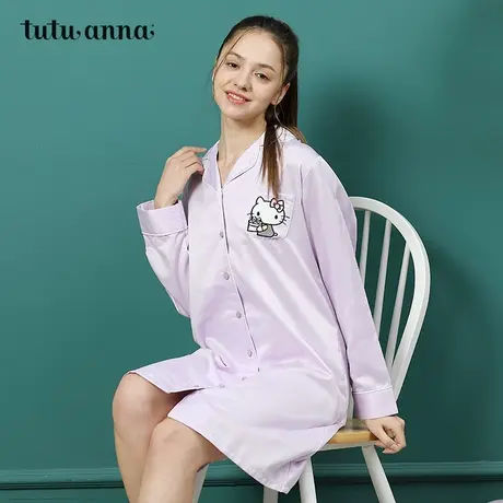tutuanna春秋睡衣女 长袖Hello kitty女士秋季薄款睡裙翻领家居服商品大图