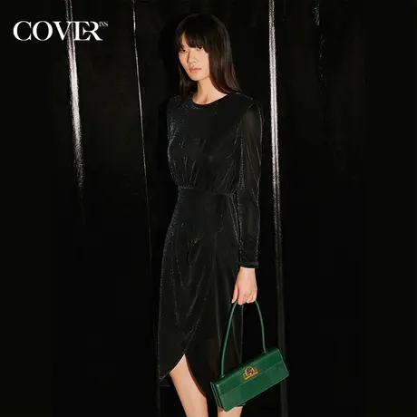 COVER秋季鎏金醋酸开衩黑色连衣裙图片