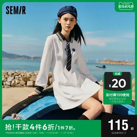 森马连衣裙女polo领撞色学院风2023春季新款刺绣肌理短裙文艺温柔图片
