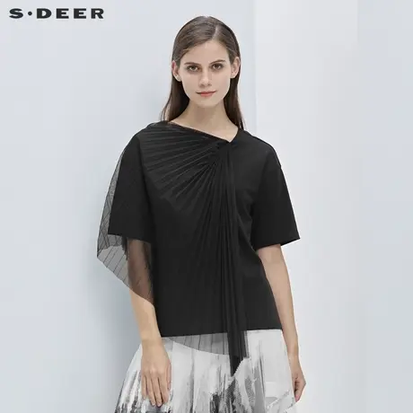 【直播间赠品】S·DEER圣迪奥圆领百褶网纱拼接短袖T恤S21280197商品大图
