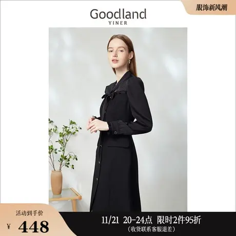 【千金风】Goodland美地女装2023春季花纱拼接荷叶边修身连衣裙图片