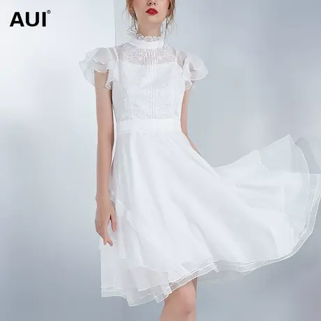 aui气质女神范蕾丝网纱仙女裙2022新款少女风女装白色连衣裙女夏图片