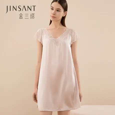 丝滑舒适] 金三塔19mm100%桑蚕丝 真丝睡衣女桑蚕丝V领真丝睡裙女图片