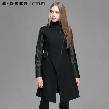 s.deer圣迪奥女装皮质拼接立领大衣S14381807图片