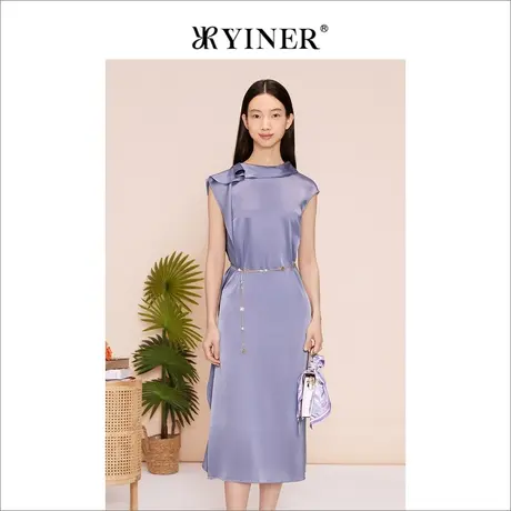 YINER音儿女装夏季优雅木耳花边修身时尚无袖连衣裙图片