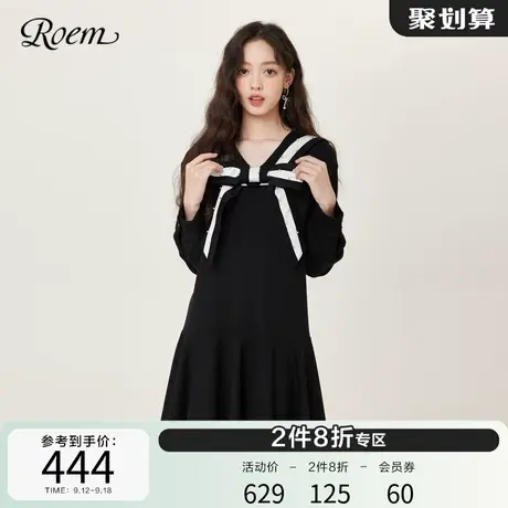 Roem秋冬 商场同款时尚浪漫海军领针织连衣裙荷叶边裙摆长袖裙图片
