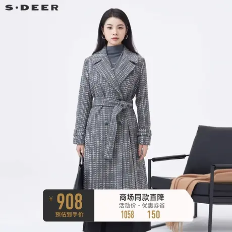 sdeer圣迪奥女装OL风西装领格纹收腰长款风衣S23482513图片