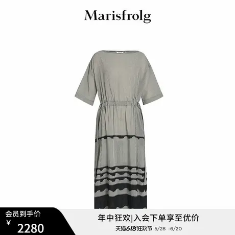 【商场同款】玛丝菲尔春季新款一字领纯棉格纹拼接短袖连衣裙图片
