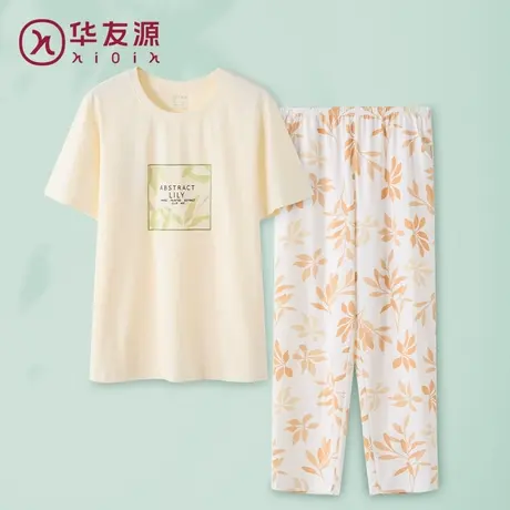 华友源春夏季女士短袖纯棉套头家居服休闲宽松透气中长裤睡衣套装图片